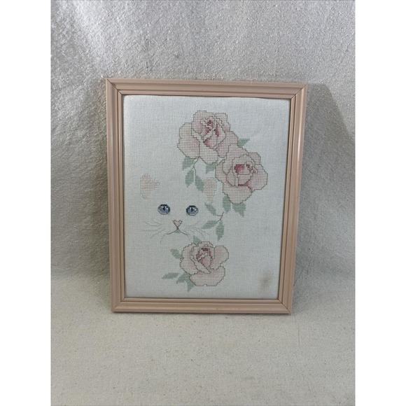 VTG Handmade Crossstitch White Cat Kitten Pink Roses Fairycore Cottagecore - Picture 1 of 7
